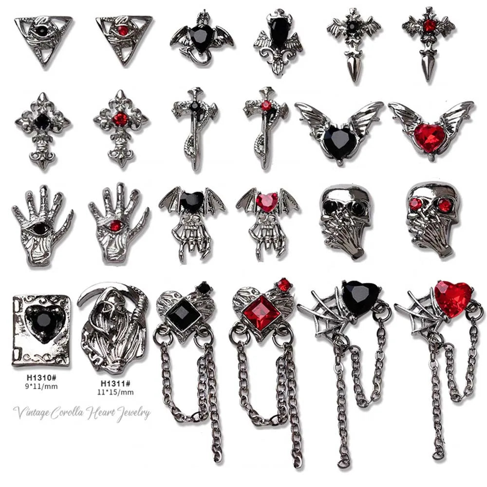 10pcs Alloy Gothic Punk Style Nail Charms 3D Chrome Skeleton Cross Heart Spider Nail Decoration DIY Halloween Nail Accessories