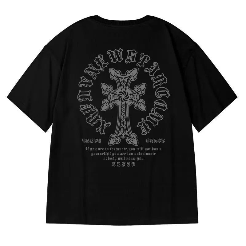 M-8XL Men's T-shirt Oversized Loose and Fashionable Cross Print T-shirt Student Youth Simple Casual Top Summer Couple Outfit