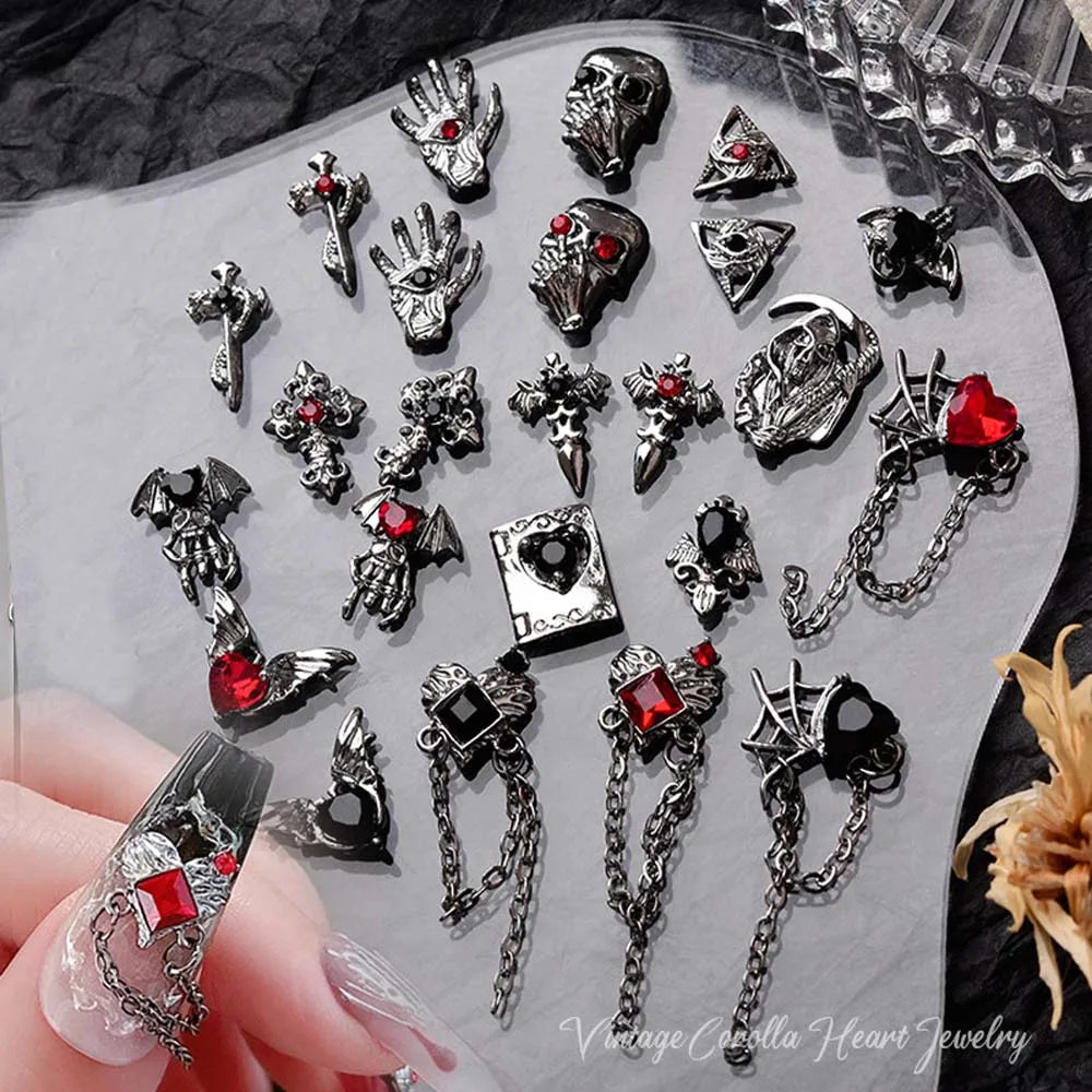 10pcs Alloy Gothic Punk Style Nail Charms 3D Chrome Skeleton Cross Heart Spider Nail Decoration DIY Halloween Nail Accessories