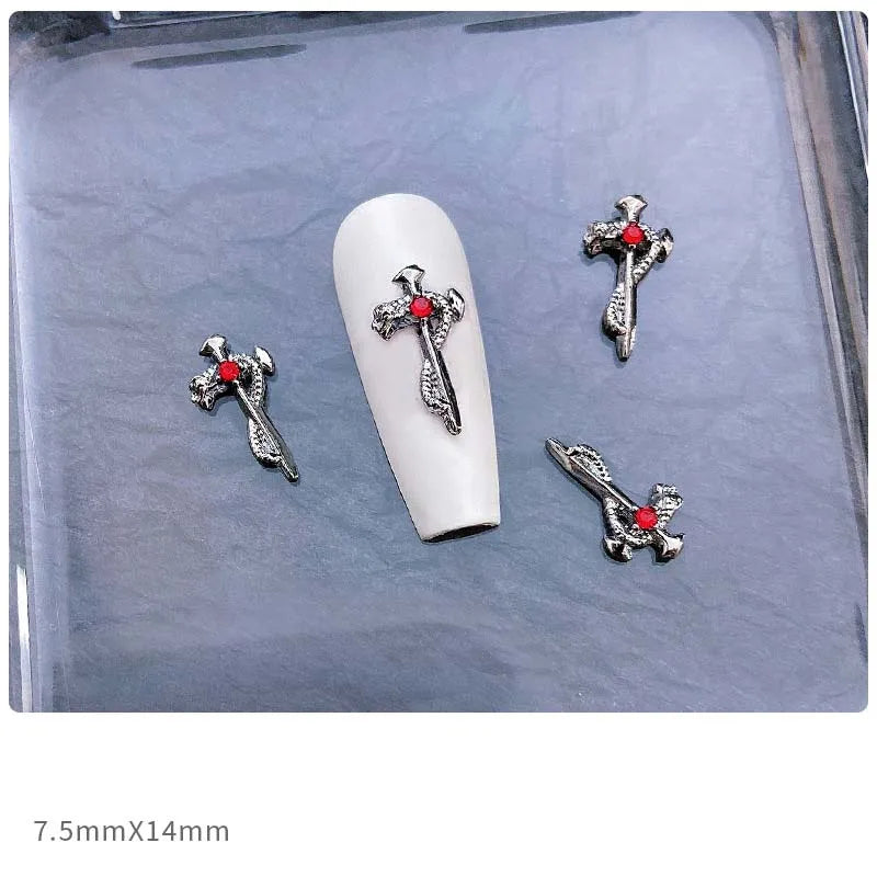 10pcs Alloy Gothic Punk Style Nail Charms 3D Chrome Skeleton Cross Heart Spider Nail Decoration DIY Halloween Nail Accessories