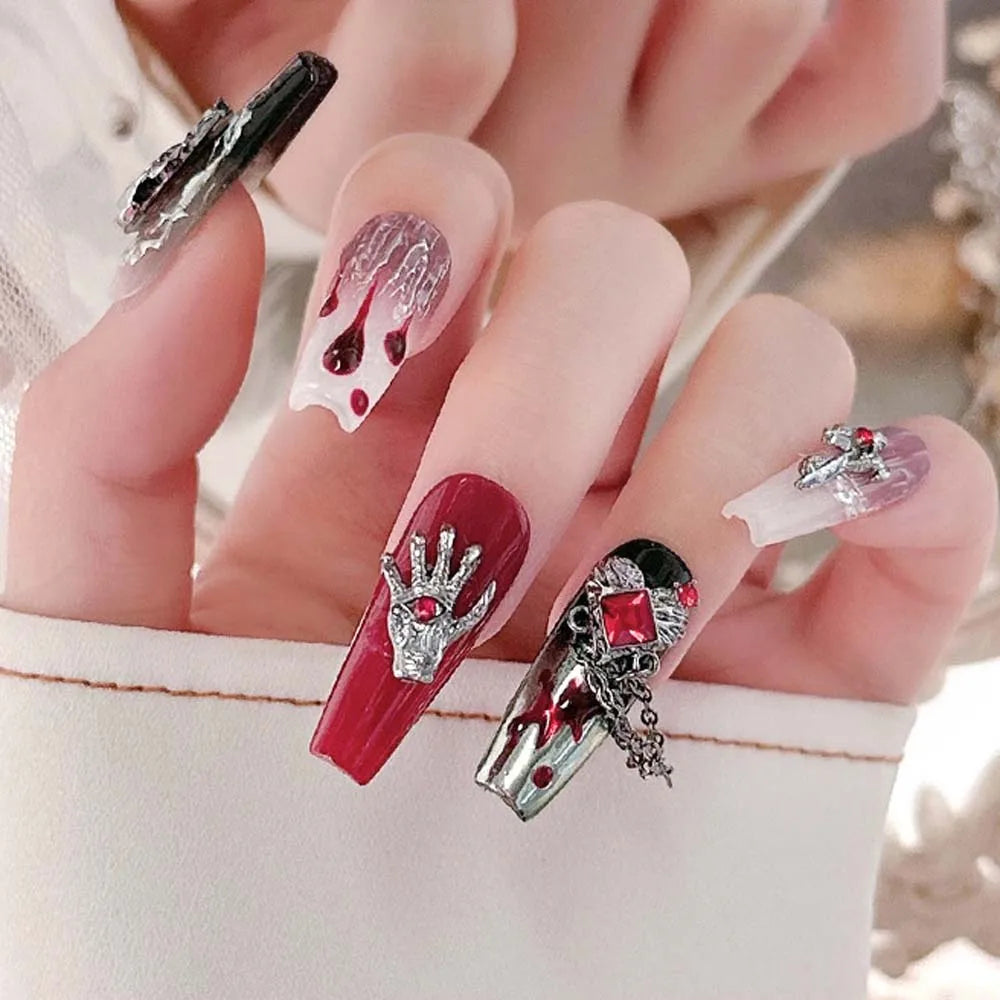 10pcs Alloy Gothic Punk Style Nail Charms 3D Chrome Skeleton Cross Heart Spider Nail Decoration DIY Halloween Nail Accessories