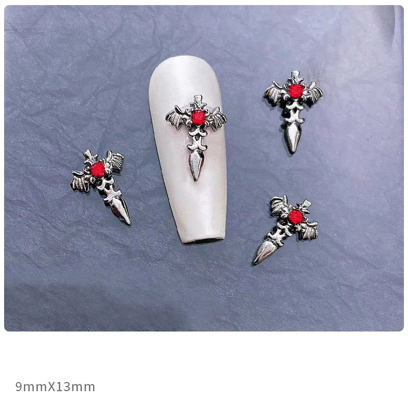 10pcs Alloy Gothic Punk Style Nail Charms 3D Chrome Skeleton Cross Heart Spider Nail Decoration DIY Halloween Nail Accessories