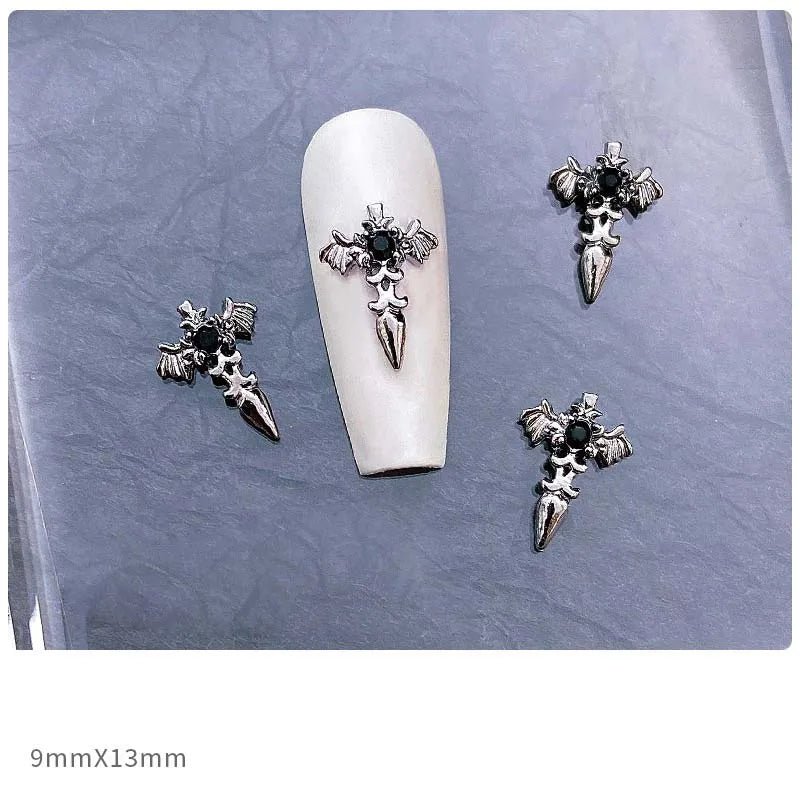 10pcs Alloy Gothic Punk Style Nail Charms 3D Chrome Skeleton Cross Heart Spider Nail Decoration DIY Halloween Nail Accessories