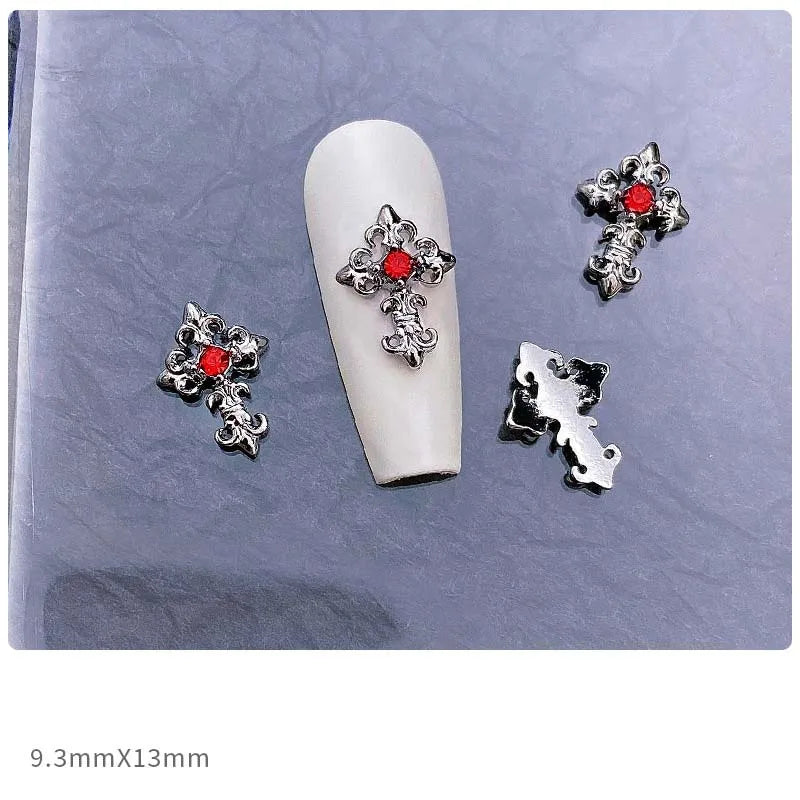 10pcs Alloy Gothic Punk Style Nail Charms 3D Chrome Skeleton Cross Heart Spider Nail Decoration DIY Halloween Nail Accessories