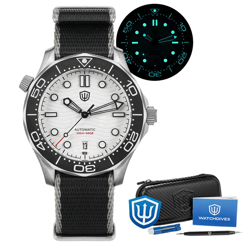 Watchdives WD007 V4 Mens Watches PT5000 Automatic Movement Nylon Strap Watch 200m Waterproof Mechanical Watches with Gift Box