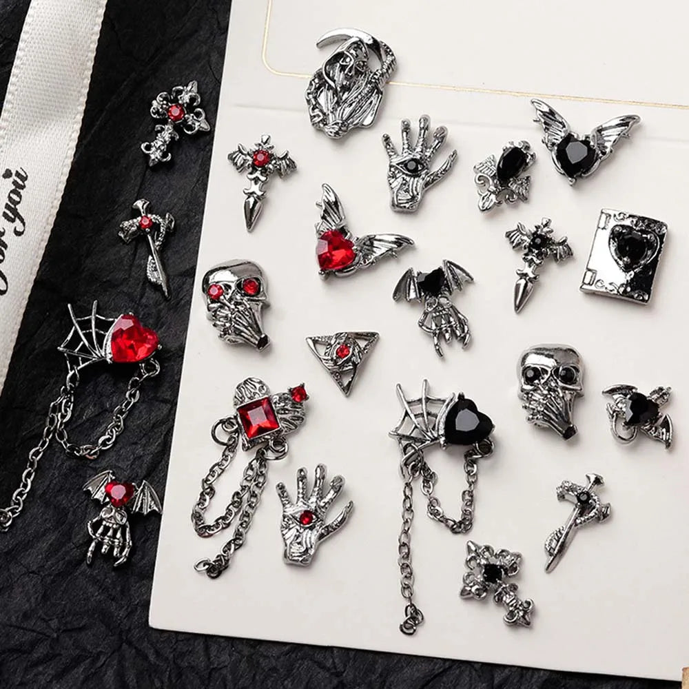 10pcs Alloy Gothic Punk Style Nail Charms 3D Chrome Skeleton Cross Heart Spider Nail Decoration DIY Halloween Nail Accessories