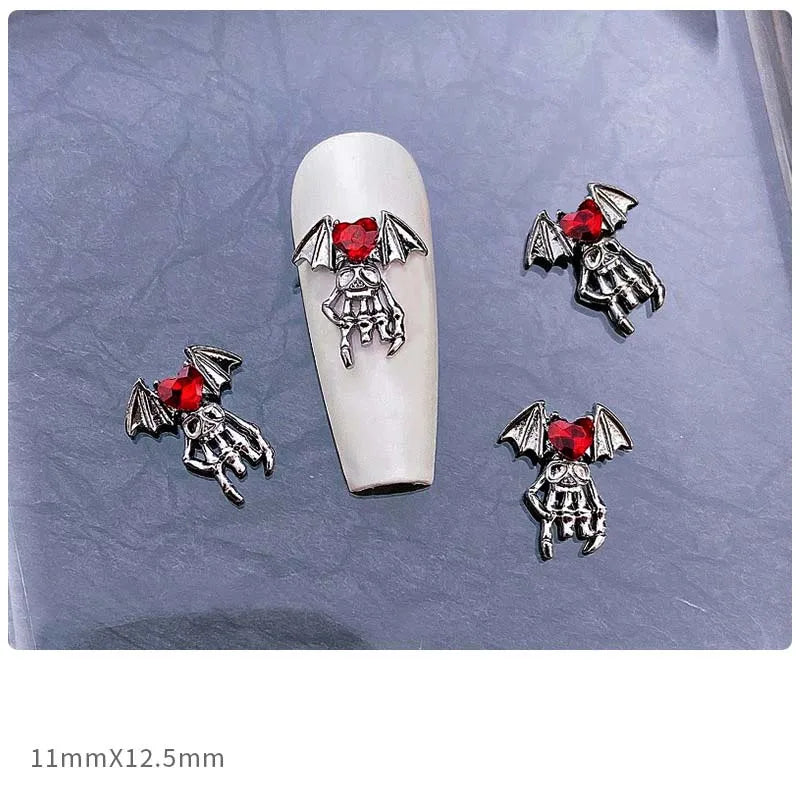 10pcs Alloy Gothic Punk Style Nail Charms 3D Chrome Skeleton Cross Heart Spider Nail Decoration DIY Halloween Nail Accessories