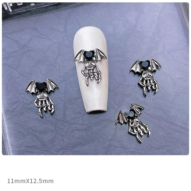 10pcs Alloy Gothic Punk Style Nail Charms 3D Chrome Skeleton Cross Heart Spider Nail Decoration DIY Halloween Nail Accessories