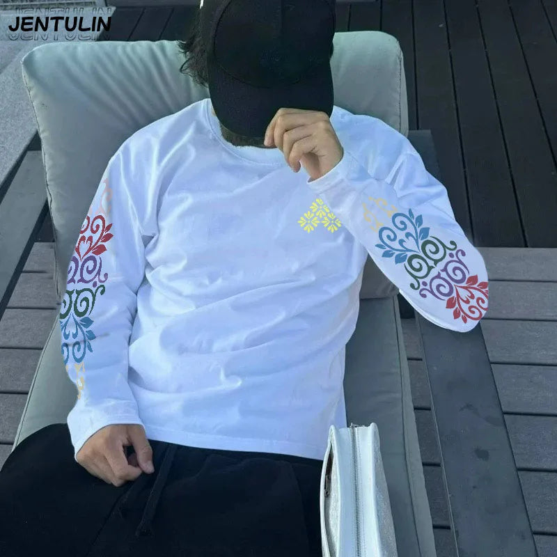 New High Quality Men's Korean Style Comfortable Breathable Round Neck Long Sleeved T-shirt Summer Fashion Printed Outdoor Top