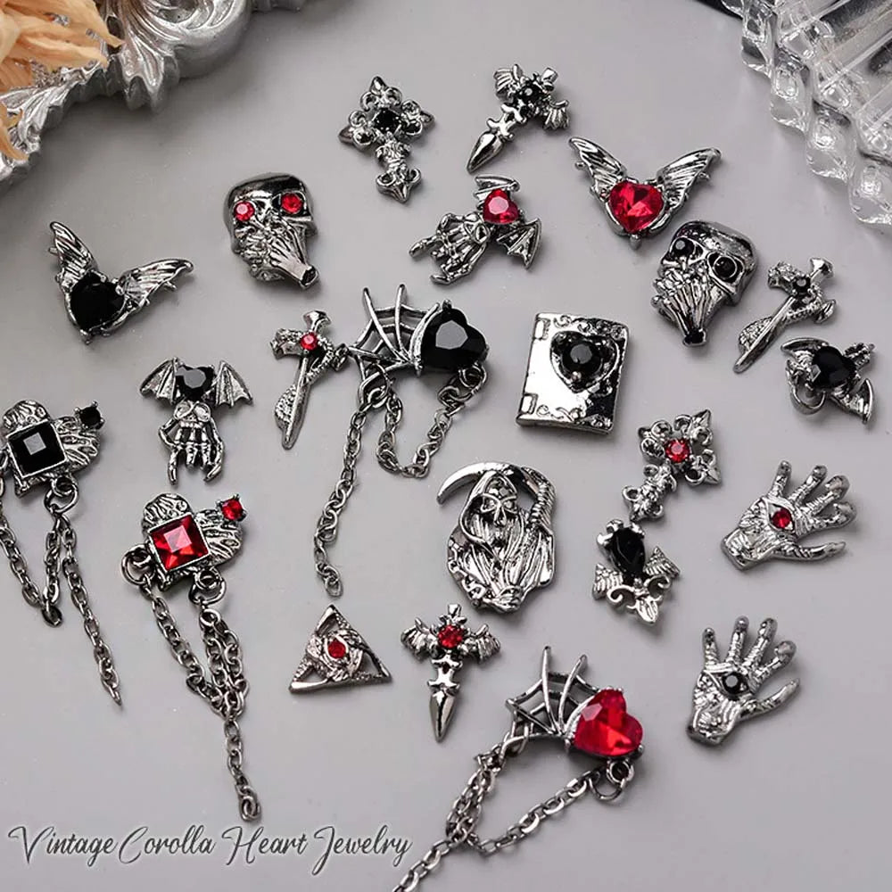10pcs Alloy Gothic Punk Style Nail Charms 3D Chrome Skeleton Cross Heart Spider Nail Decoration DIY Halloween Nail Accessories