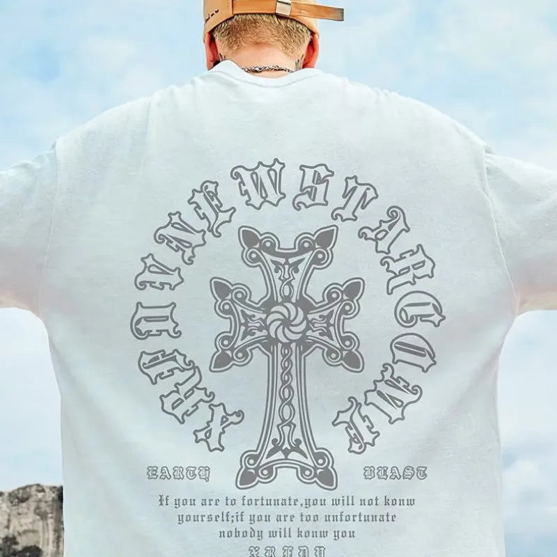 M-8XL Men's T-shirt Oversized Loose and Fashionable Cross Print T-shirt Student Youth Simple Casual Top Summer Couple Outfit