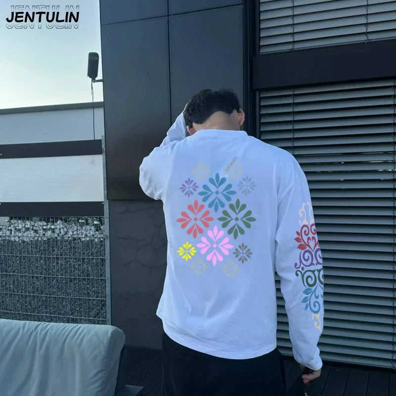 New High Quality Men's Korean Style Comfortable Breathable Round Neck Long Sleeved T-shirt Summer Fashion Printed Outdoor Top