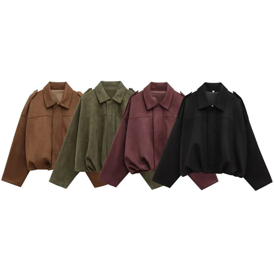 HH Women's Street Fashion Solid Loose Suede Texture Coats Causal Long Bat Sleeves Lapel Zipper Fly Winter Vintage Jackets