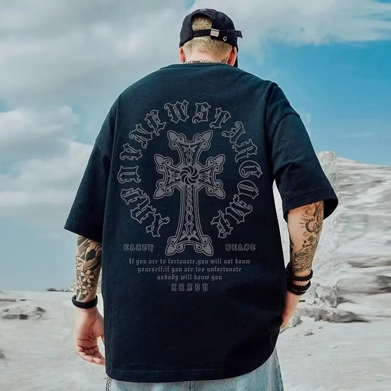 M-8XL Men's T-shirt Oversized Loose and Fashionable Cross Print T-shirt Student Youth Simple Casual Top Summer Couple Outfit