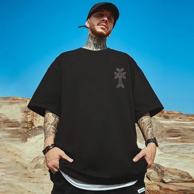 M-8XL Men's T-shirt Oversized Loose and Fashionable Cross Print T-shirt Student Youth Simple Casual Top Summer Couple Outfit