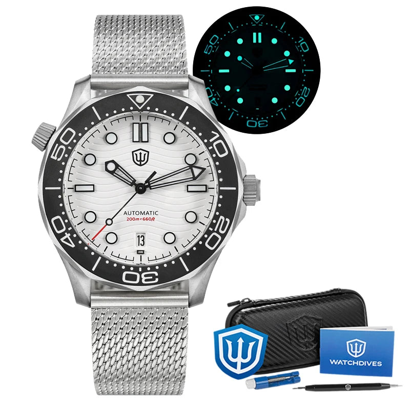 Watchdives WD007 V4 Mens Watches PT5000 Automatic Movement Nylon Strap Watch 200m Waterproof Mechanical Watches with Gift Box