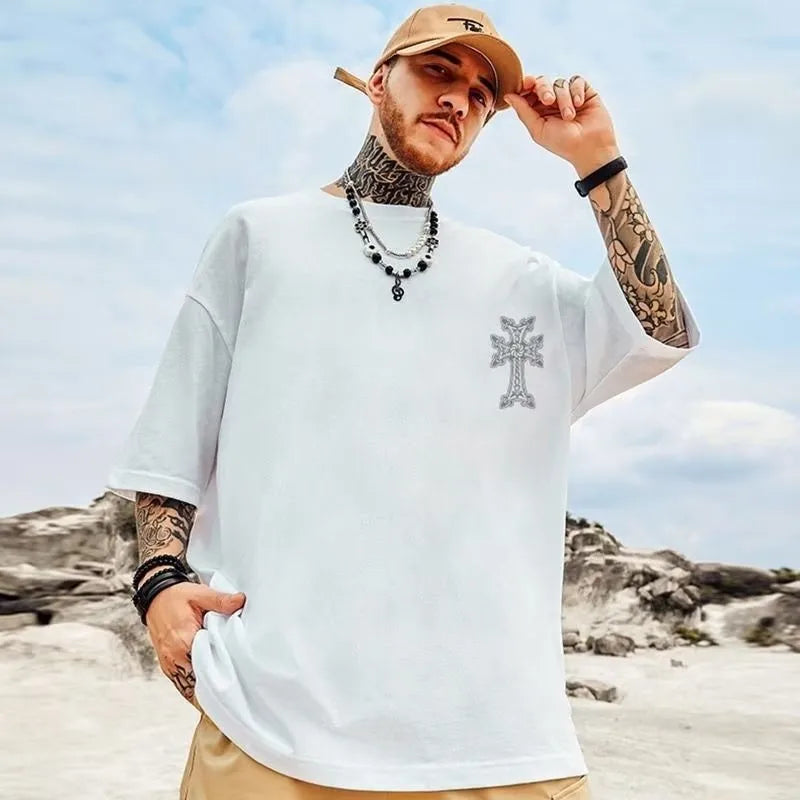 M-8XL Men's T-shirt Oversized Loose and Fashionable Cross Print T-shirt Student Youth Simple Casual Top Summer Couple Outfit