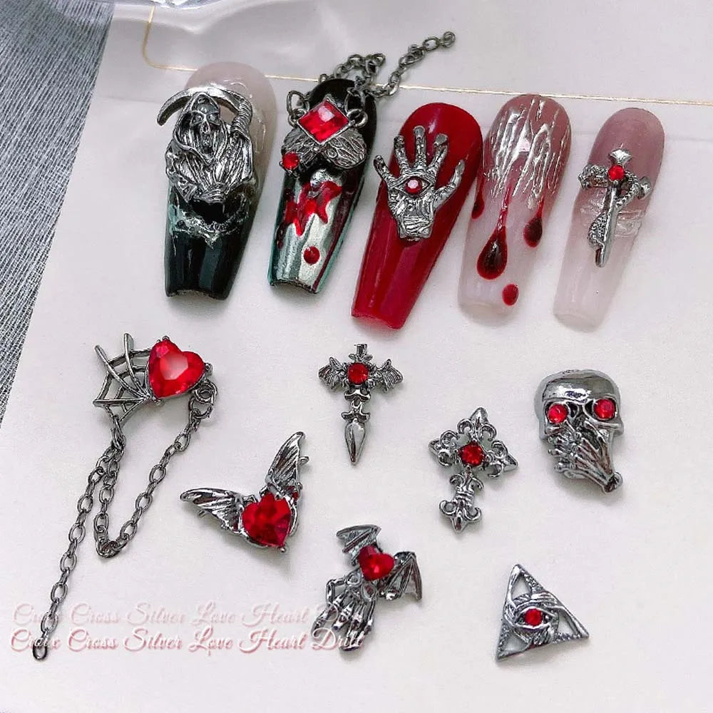10pcs Alloy Gothic Punk Style Nail Charms 3D Chrome Skeleton Cross Heart Spider Nail Decoration DIY Halloween Nail Accessories