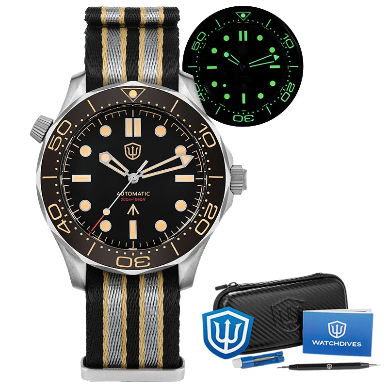 Watchdives WD007 V4 Mens Watches PT5000 Automatic Movement Nylon Strap Watch 200m Waterproof Mechanical Watches with Gift Box