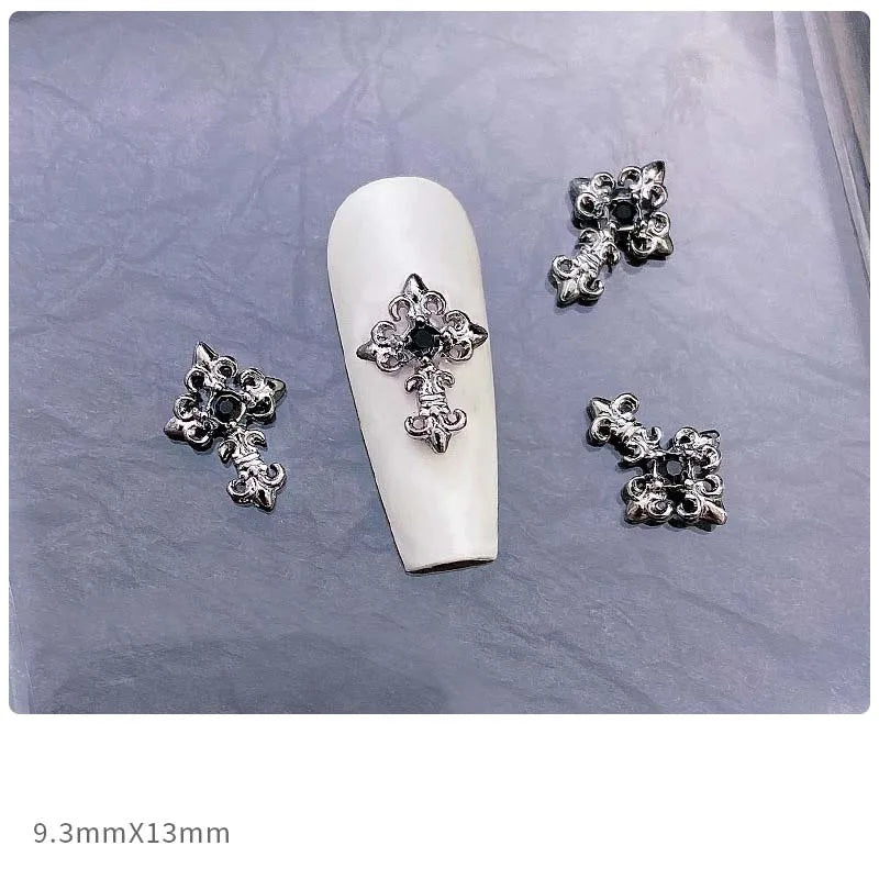 10pcs Alloy Gothic Punk Style Nail Charms 3D Chrome Skeleton Cross Heart Spider Nail Decoration DIY Halloween Nail Accessories
