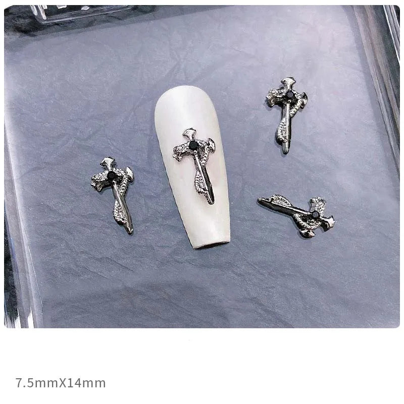 10pcs Alloy Gothic Punk Style Nail Charms 3D Chrome Skeleton Cross Heart Spider Nail Decoration DIY Halloween Nail Accessories