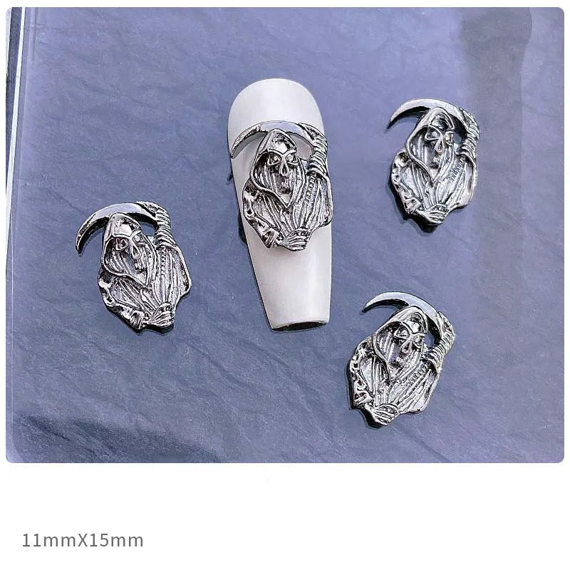 10pcs Alloy Gothic Punk Style Nail Charms 3D Chrome Skeleton Cross Heart Spider Nail Decoration DIY Halloween Nail Accessories