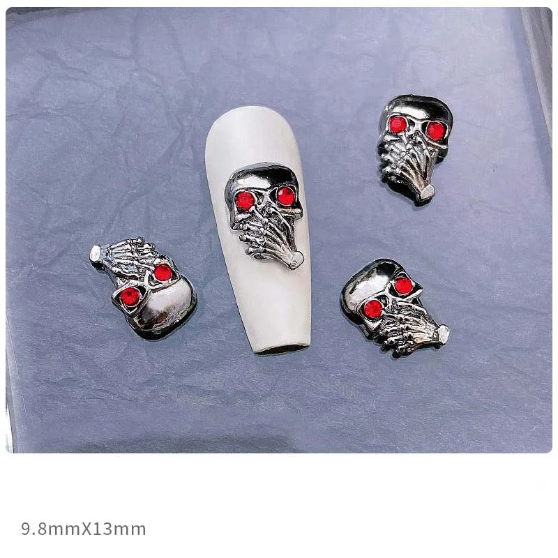10pcs Alloy Gothic Punk Style Nail Charms 3D Chrome Skeleton Cross Heart Spider Nail Decoration DIY Halloween Nail Accessories
