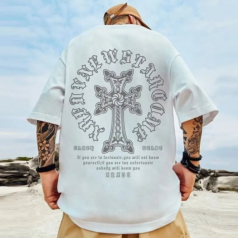 M-8XL Men's T-shirt Oversized Loose and Fashionable Cross Print T-shirt Student Youth Simple Casual Top Summer Couple Outfit