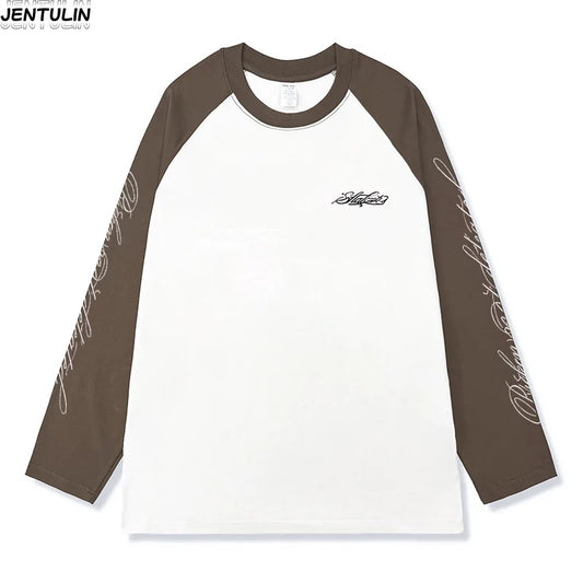 Harajuku American Retro Washed Splice Letter Garbage Printed Long Sleeved T-shirt Casual Loose Street Style Y2k Top Street Wear